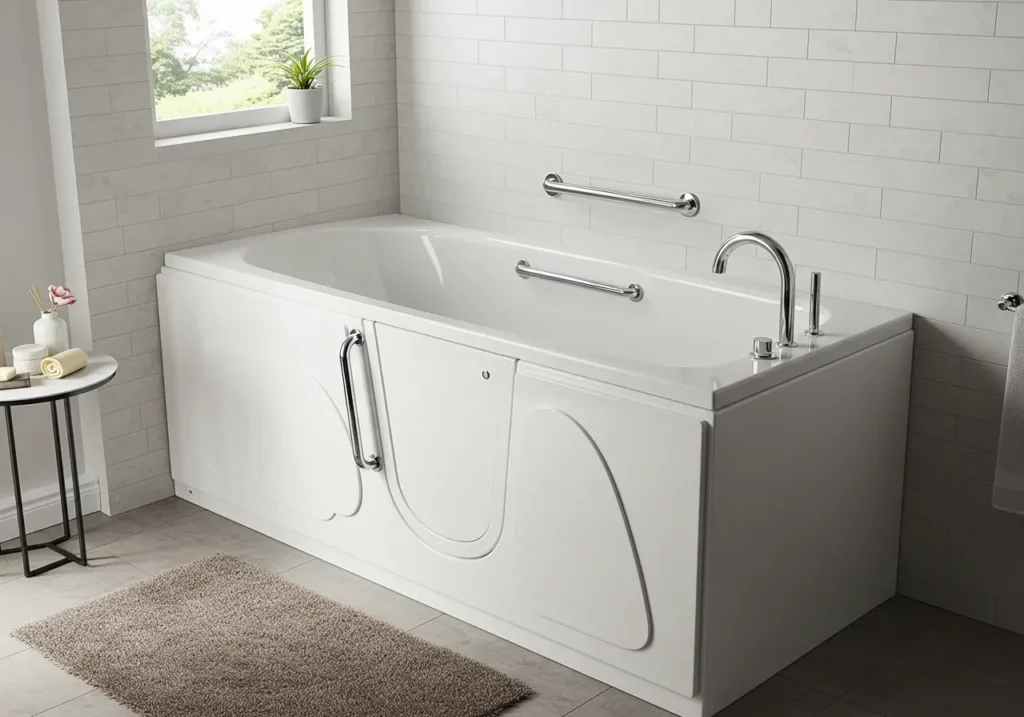 In this picture you can see a walk in tub
