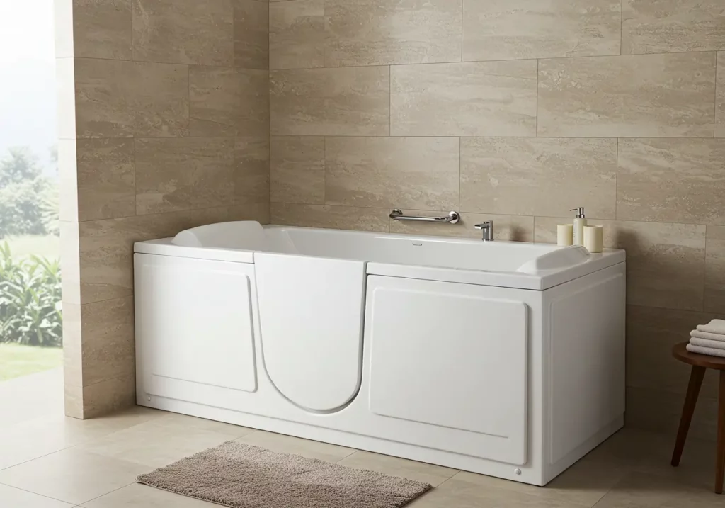 This image has light brown background and walk in tub in front of it
