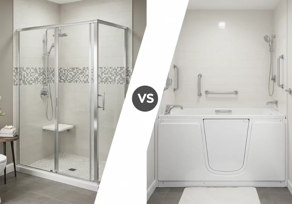 In this image you can see the comparison of walk-in shower vs alk in tub