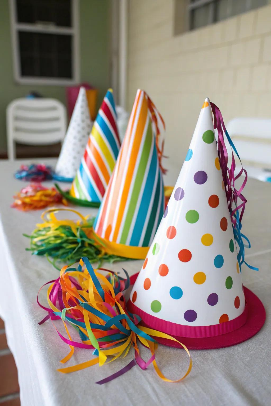 Party hats with streamer flair.