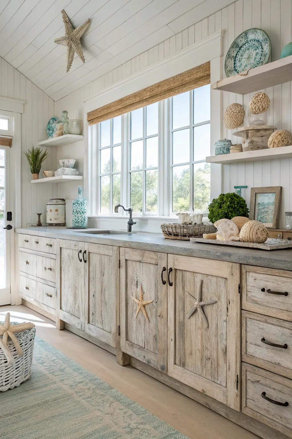 Driftwood finish adds texture and coastal charm.