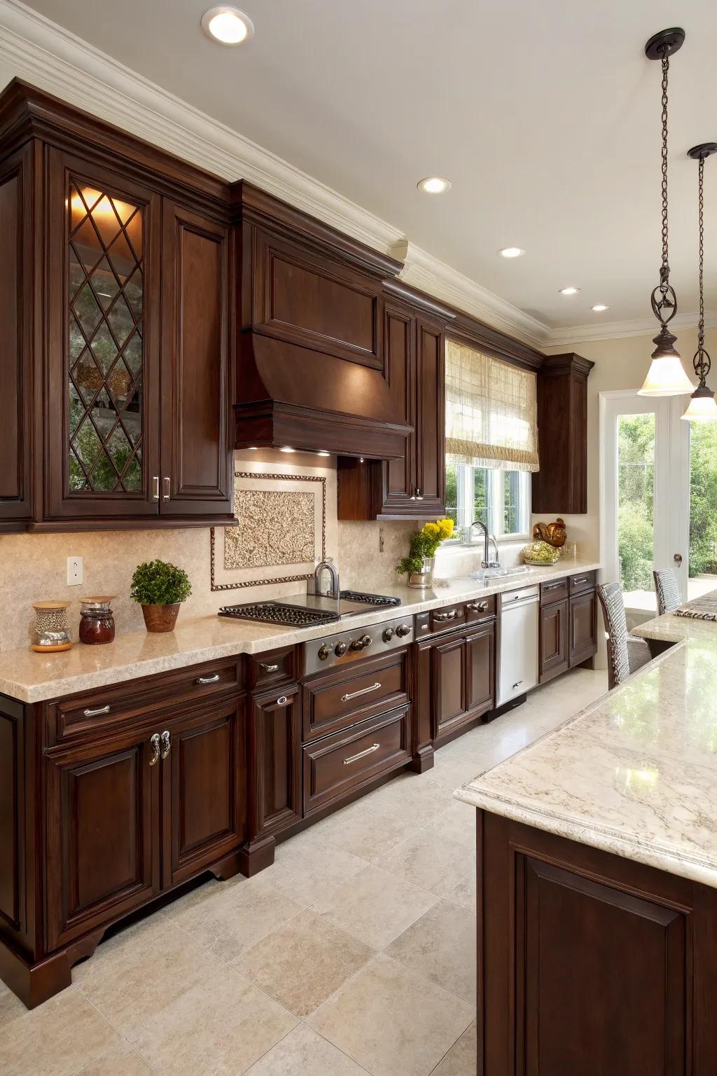 Dark mahogany cabinets deliver dramatic elegance.