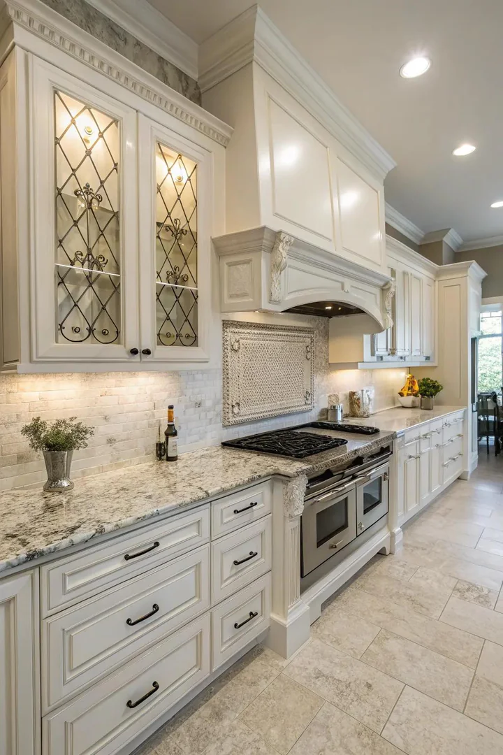 Bianco Antico granite with classic white cabinets for a timeless look.