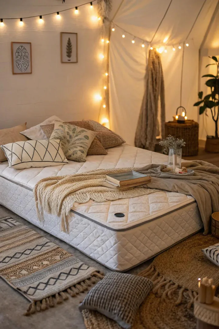 Create a relaxed vibe with a floor mattress and layered textiles.