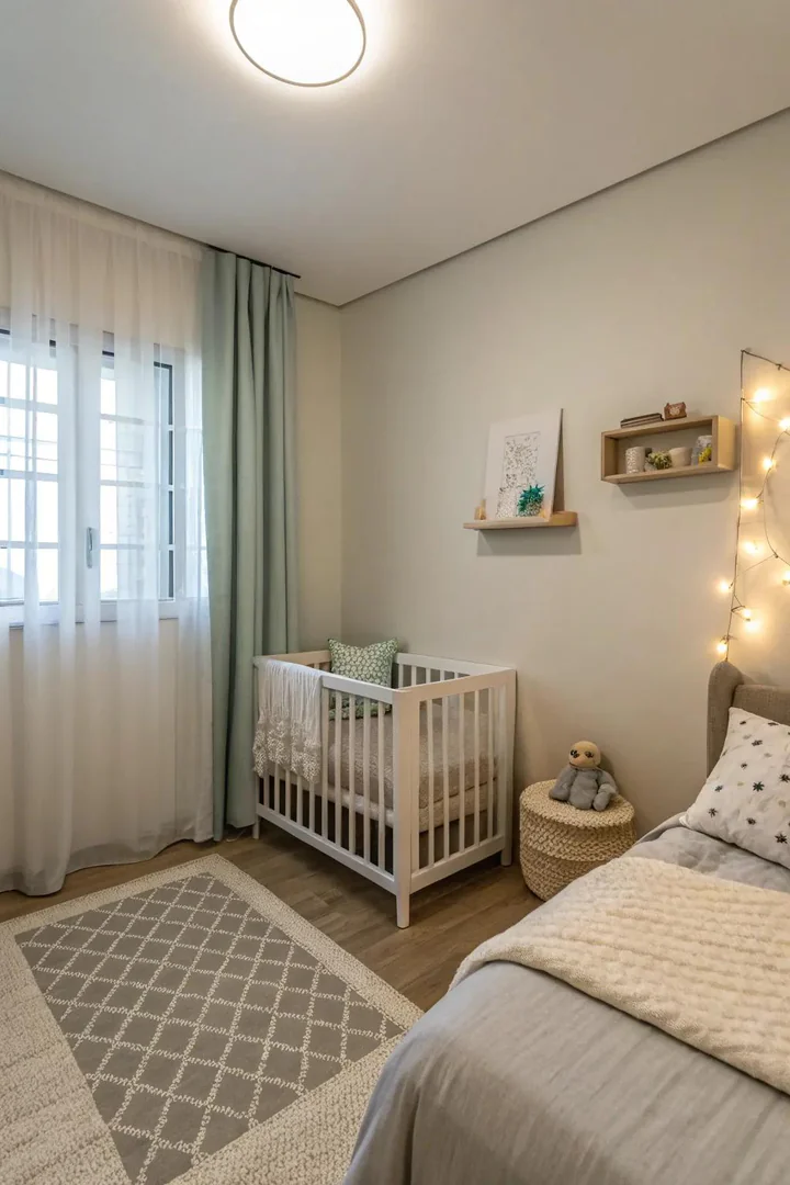 A minimalist bedroom with a space-saving mini crib in the corner.
