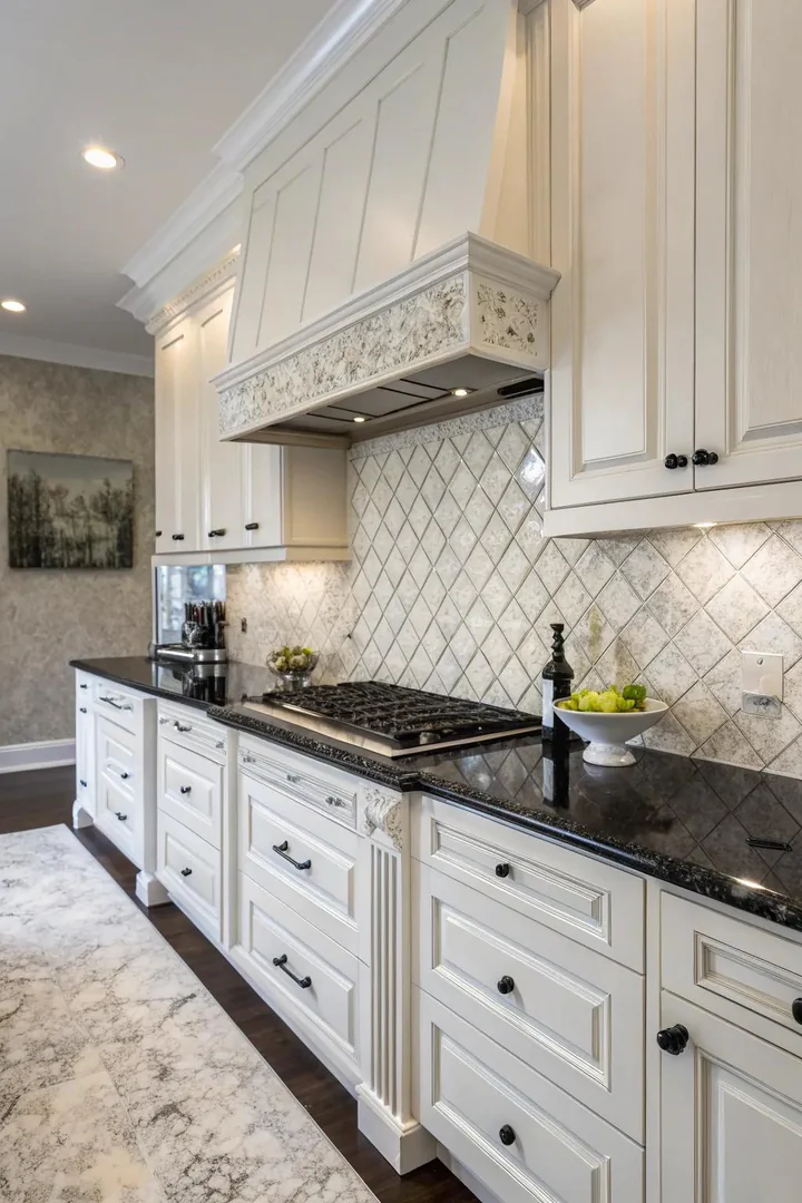 Timeless elegance with Bianco Antico granite and black and white contrast.