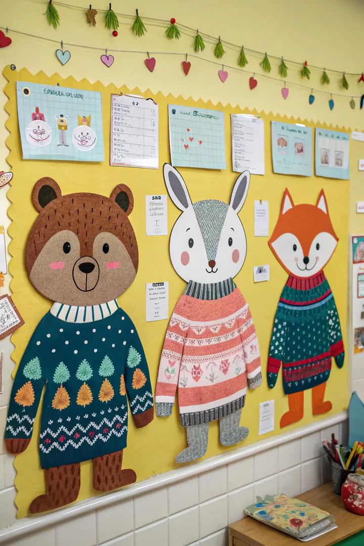 Adorable animals in sweaters bring smiles to this charming bulletin board.