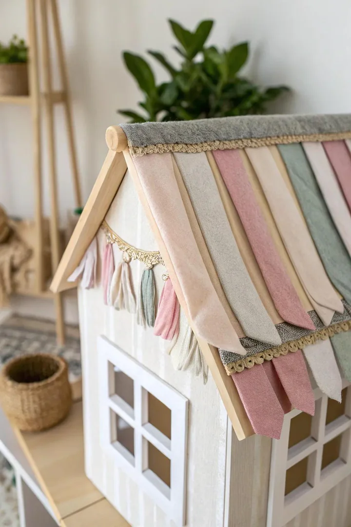 Elevate your dollhouse with cozy fabric roof accents, blending minimalist elegance with a touch of boho charm.