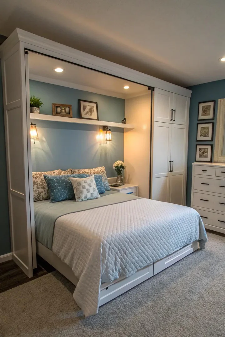 A Murphy bed with built-in LED lighting for a cozy ambiance.