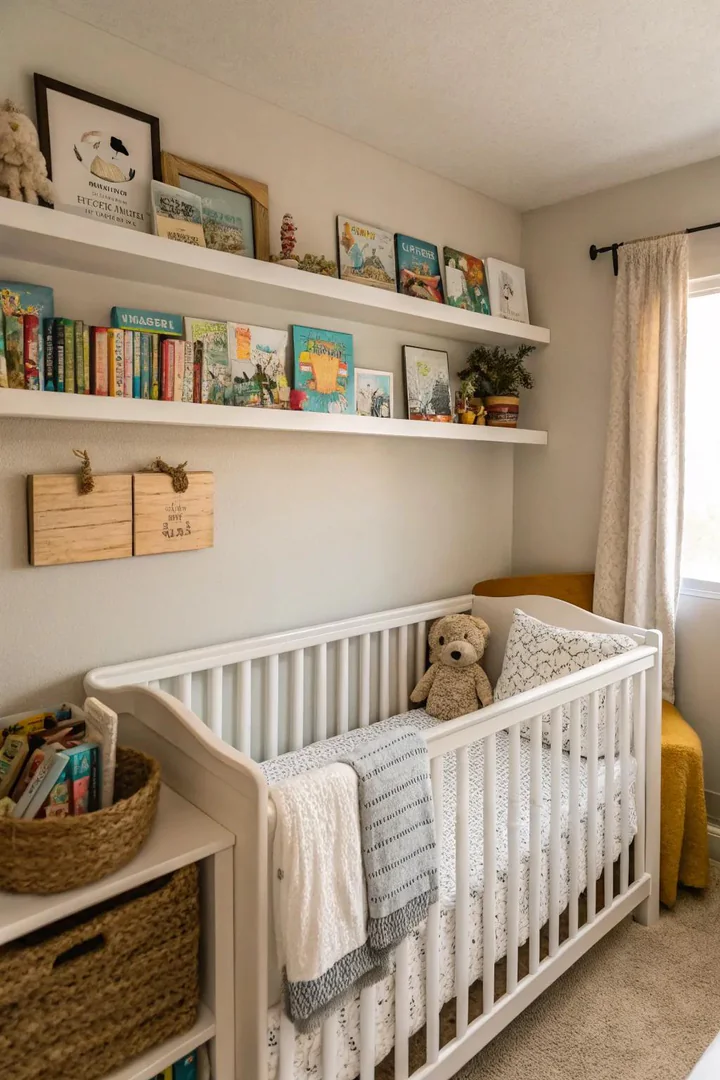 Floating shelves add vertical storage and charm to the nursery.