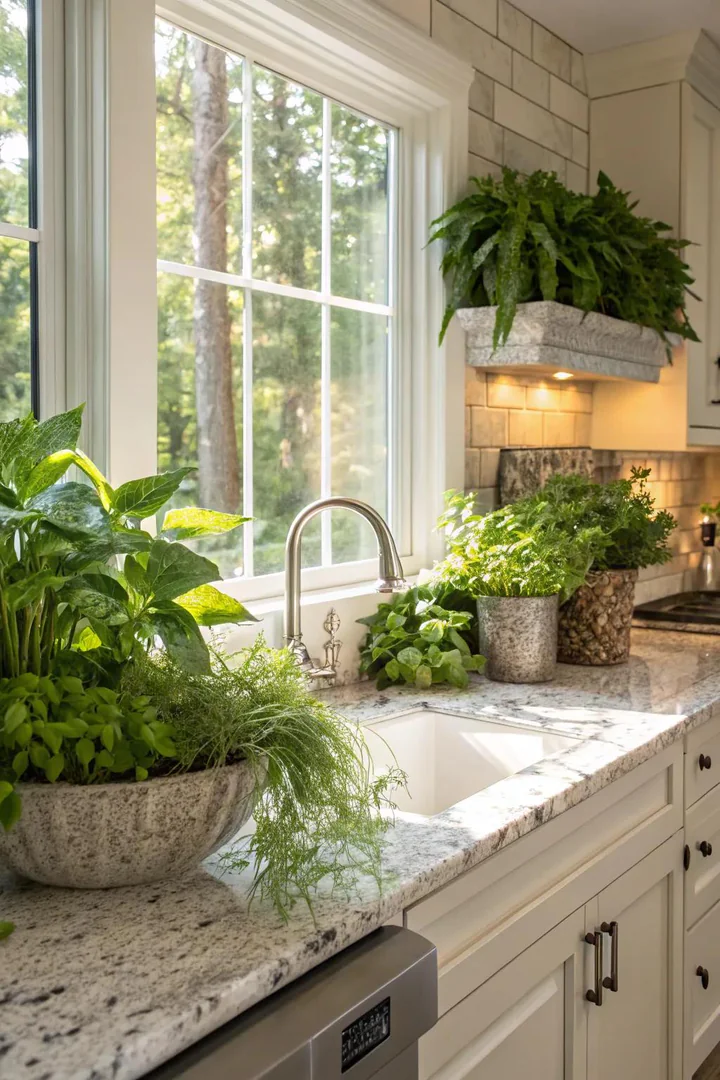 Refreshing kitchen with Bianco Antico granite and greenery.