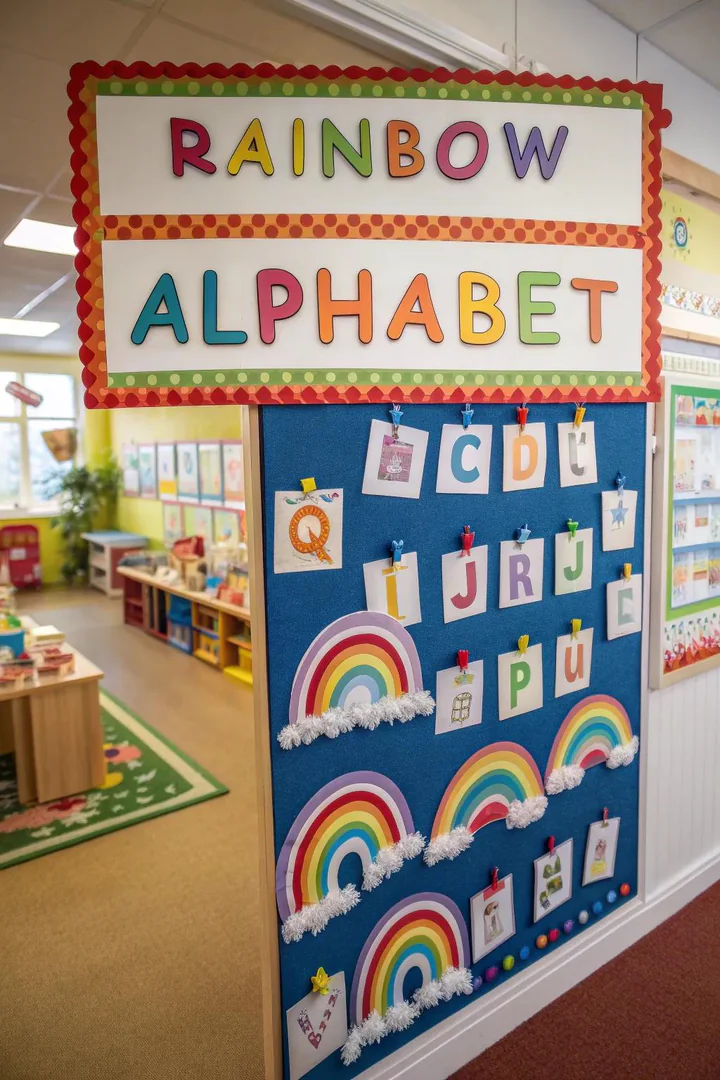 A vibrant Rainbow Alphabet board introducing letters in a colorful way.