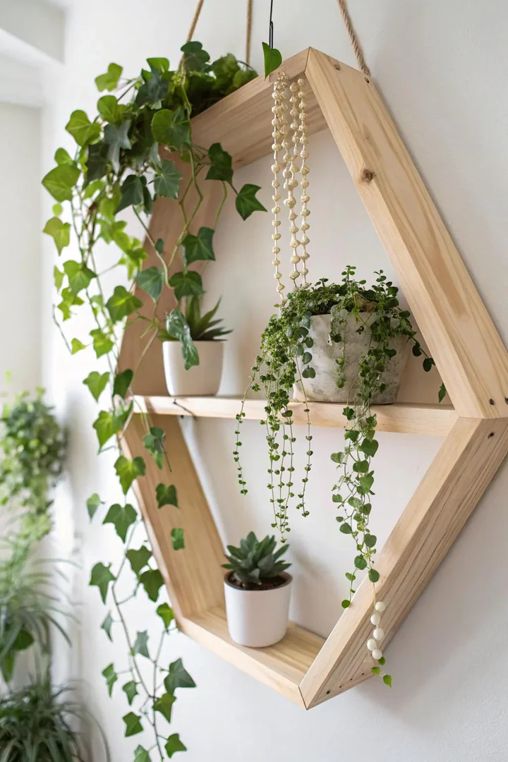 Elevate your space with Scandinavian-inspired hexagon plant shelves, blending simplicity with natural beauty.