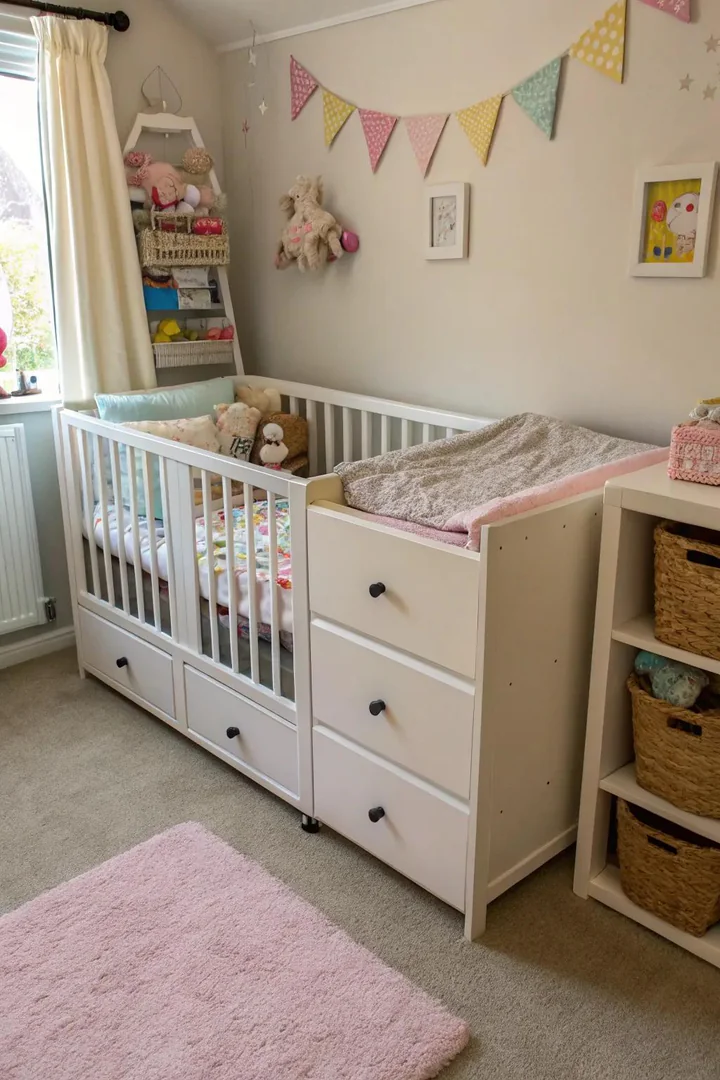 Multipurpose furniture optimizes space in the nursery nook.