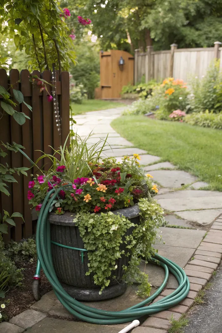 Keep your garden tidy with hidden hose storage in a planter.