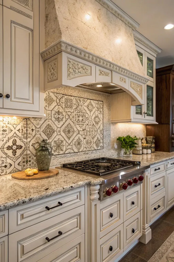 Artistic kitchen with Bianco Antico granite and patterned tiles.
