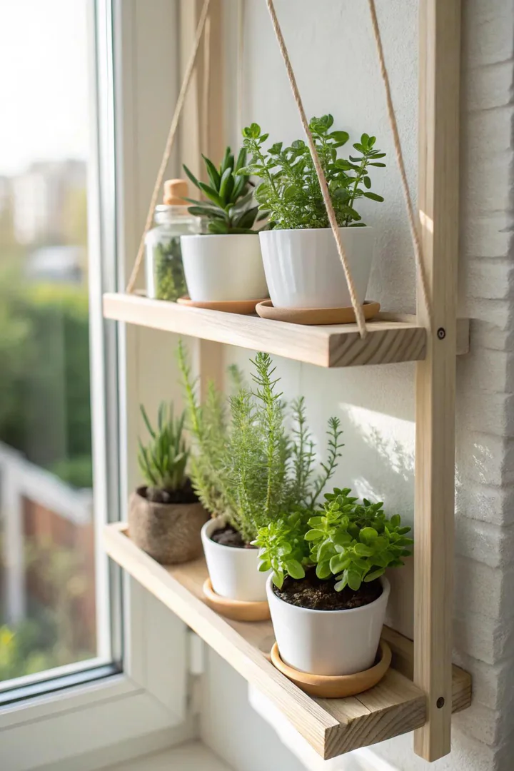 Bring nature indoors with a minimalist window plant shelf, perfect for small succulents and herbs.