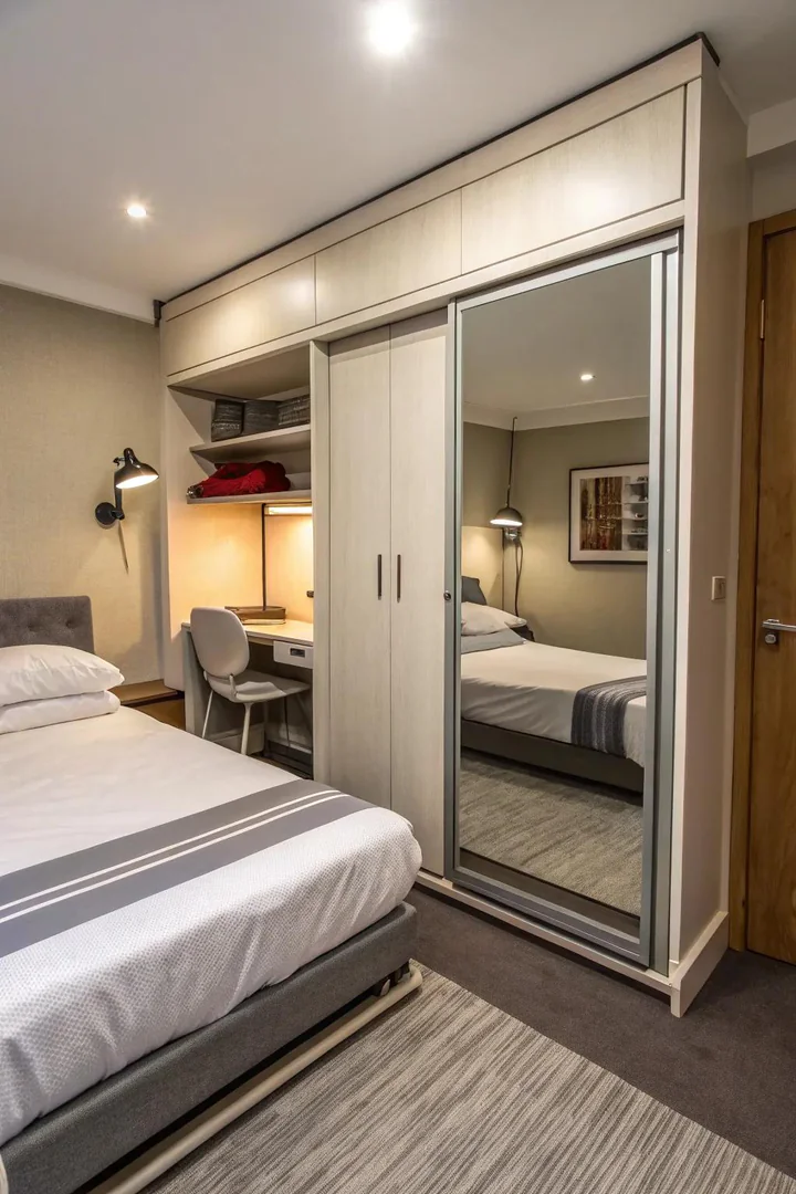 A compact bedroom featuring a Murphy bed with a mirrored front.