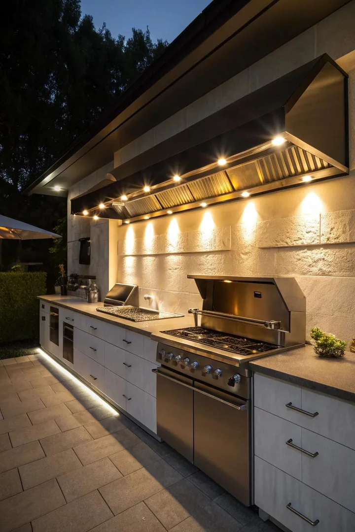 Accent lighting in a bulkhead highlighting the cooking area in a kitchen.