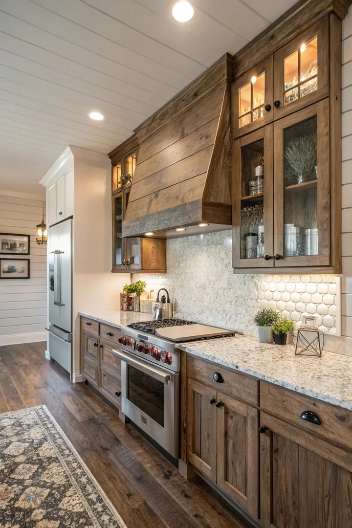 Modern farmhouse kitchen with Bianco Antico granite and shiplap.
