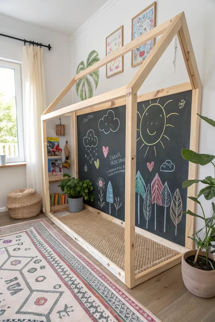 Unleash creativity with a charming DIY chalkboard wall! Perfect for little artists in a minimalist sanctuary. 🎨✨ #ScandiBoho #ChalkboardArt