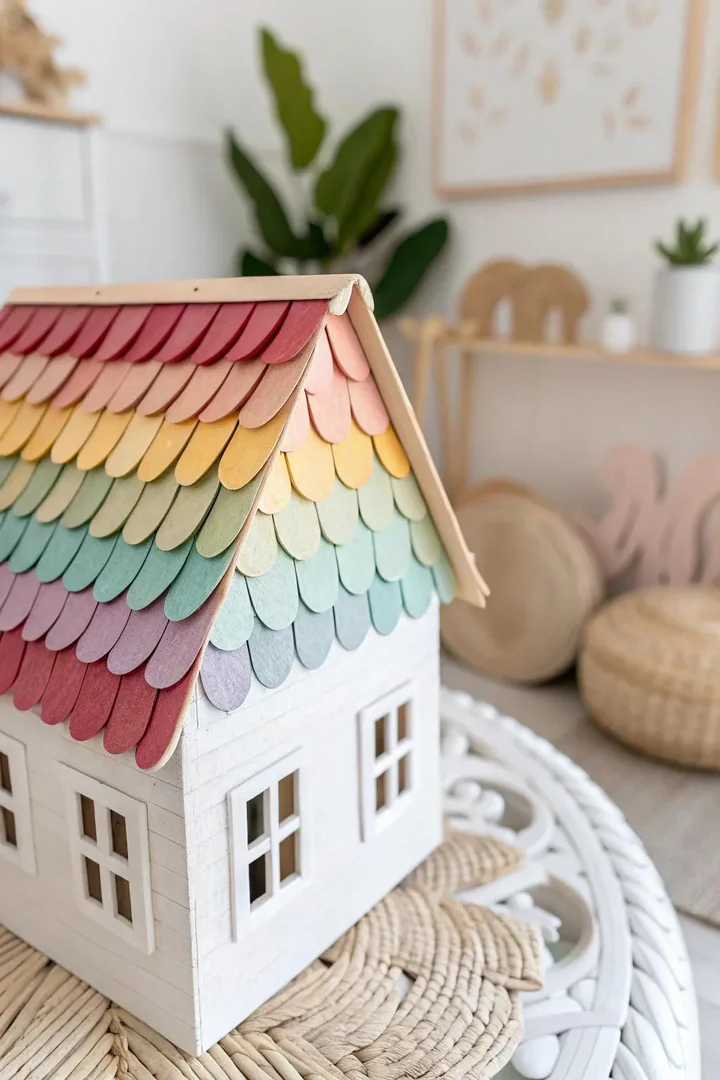Bring your dollhouse to life with a touch of vibrant elegance using layered paper strips for a stunning roof design.