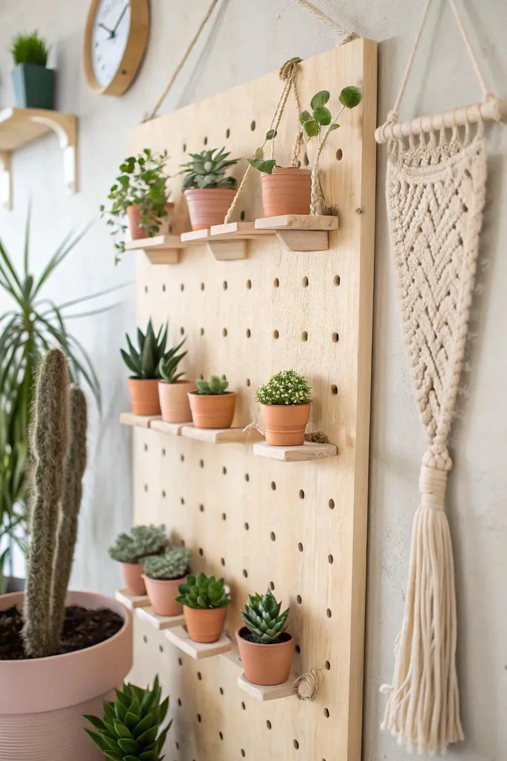 Elevate your greenery game with a chic pegboard plant display, perfect for the modern minimalist.
