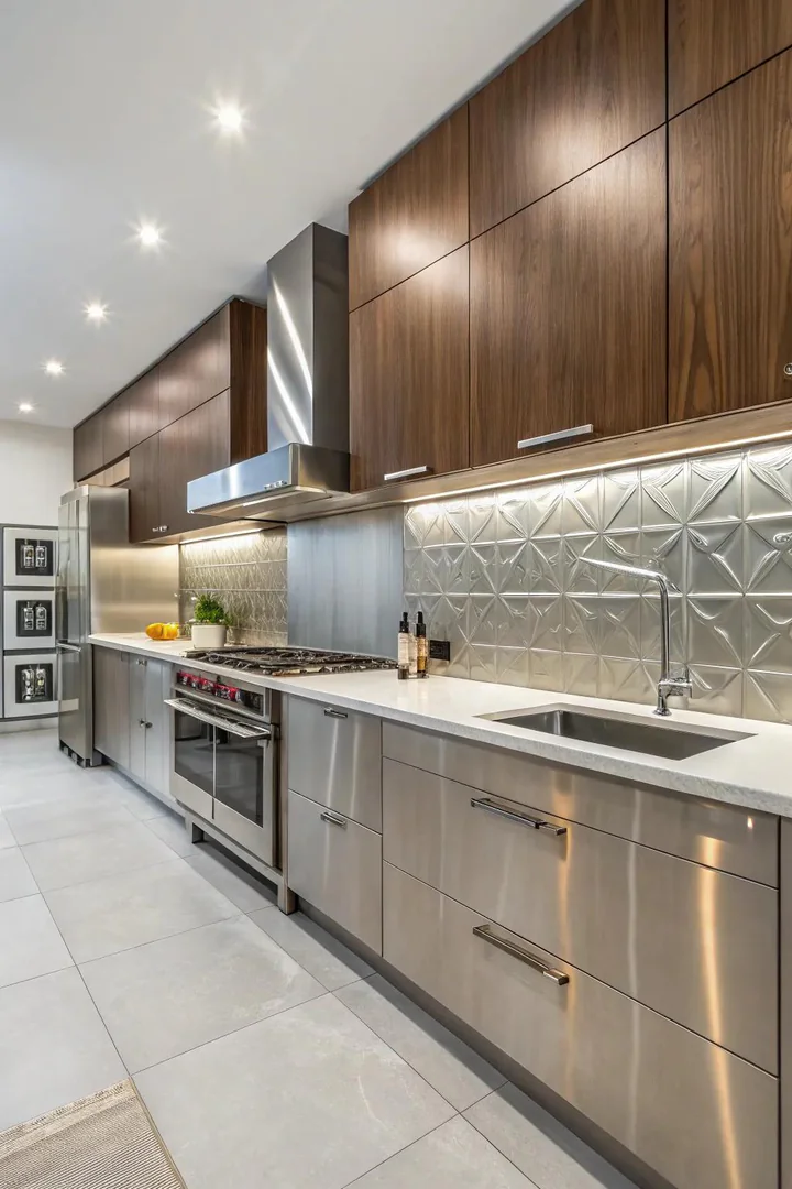 A kitchen featuring a seamless metal panel backsplash for a sleek finish.
