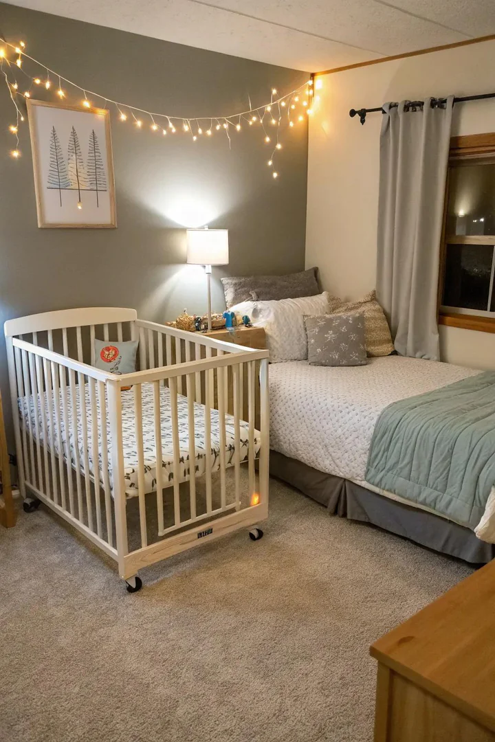 A rolling crib adds versatility to the shared nursery space.