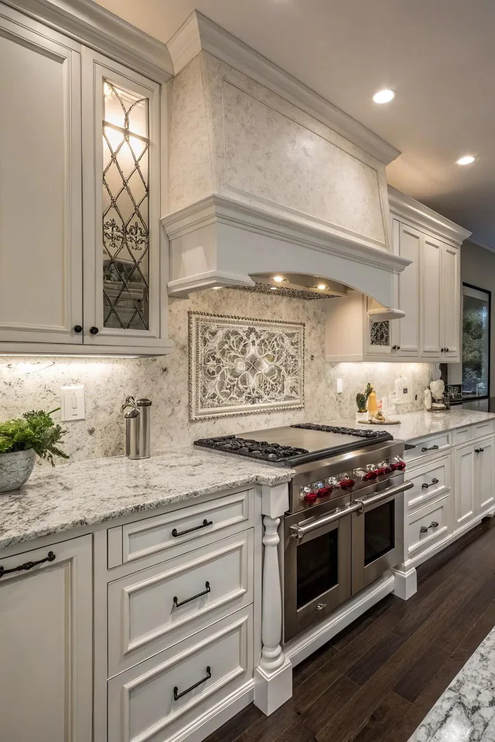 Sophisticated monochrome kitchen with Bianco Antico granite.
