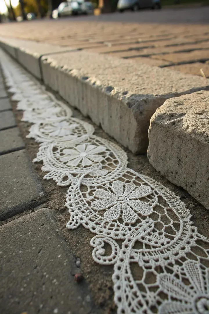 Discover the art of surprise with delicate lace stencils on rugged concrete.