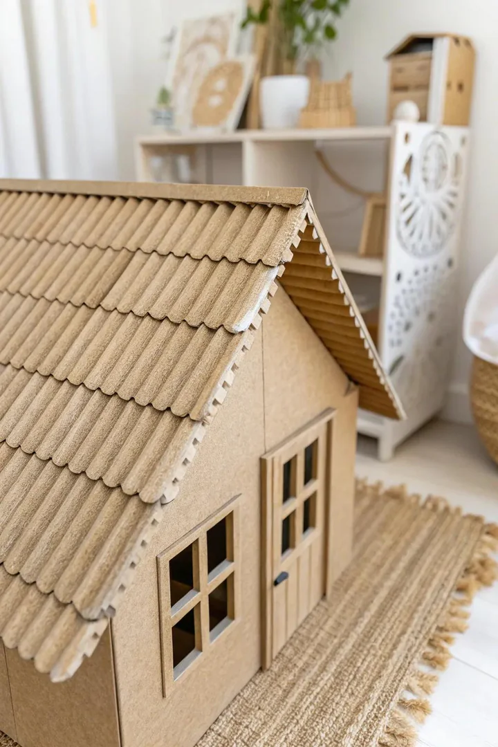 Transform your dollhouse with an industrial edge using a corrugated cardboard roof - where minimalist style meets playful creativity.
