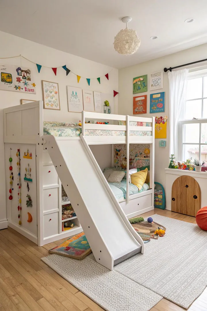 A children's room with a Murphy bed featuring a slide.