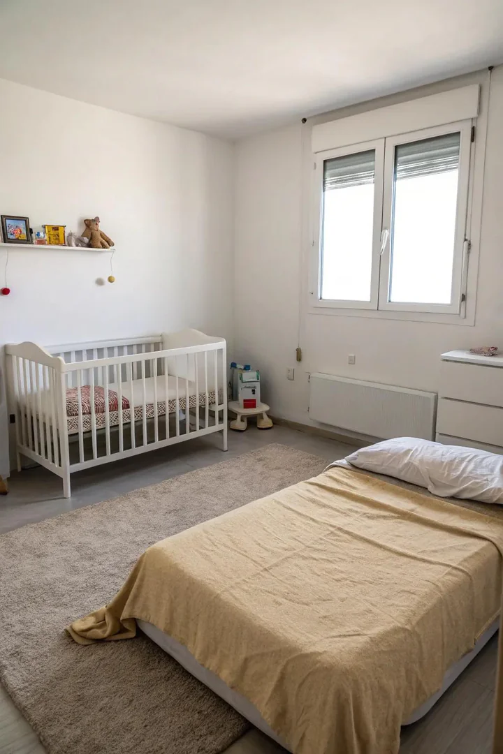 A minimalist design keeps the nursery and bedroom serene and airy.