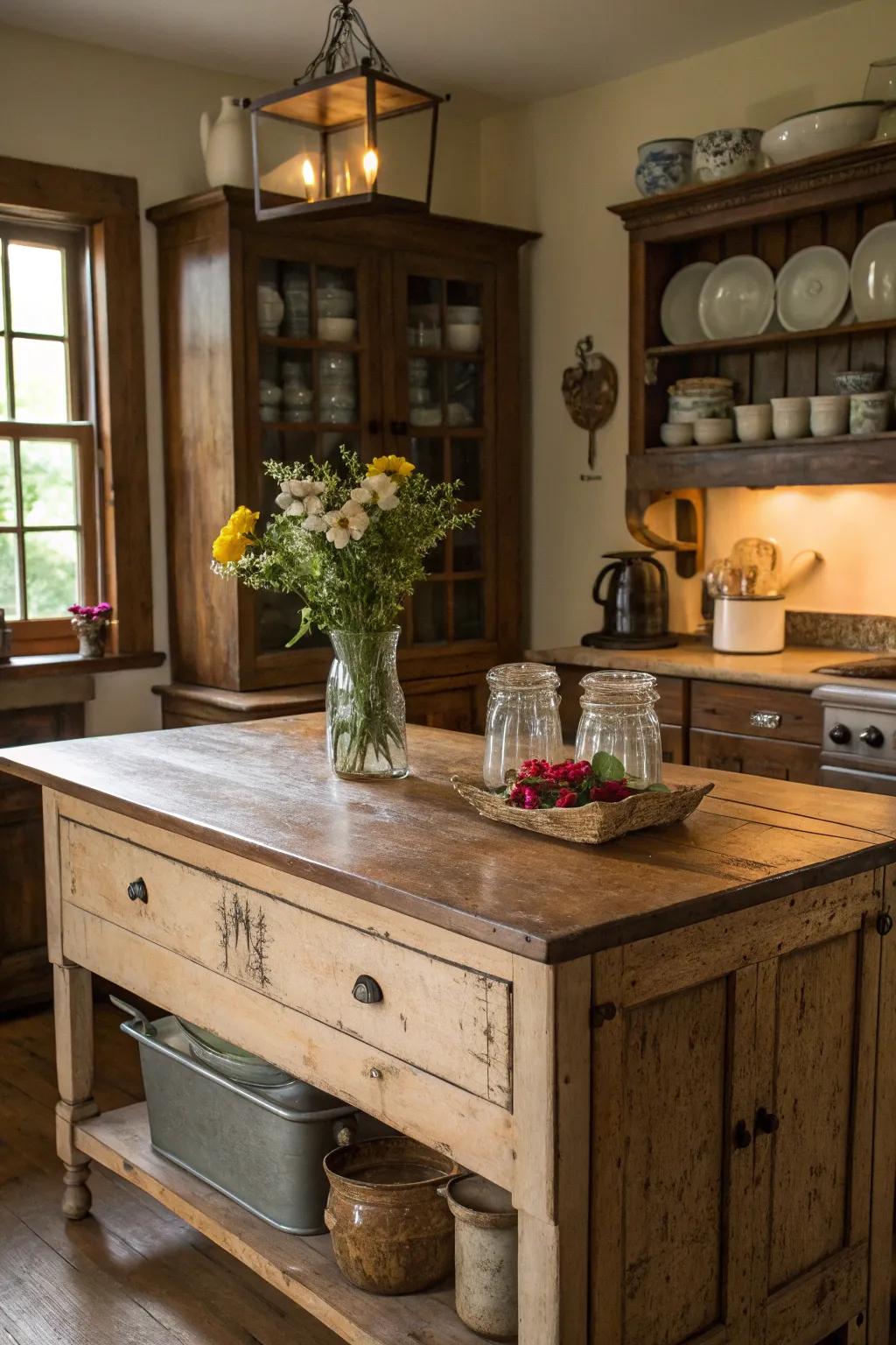 A statement piece like a rustic island adds drama and functionality.