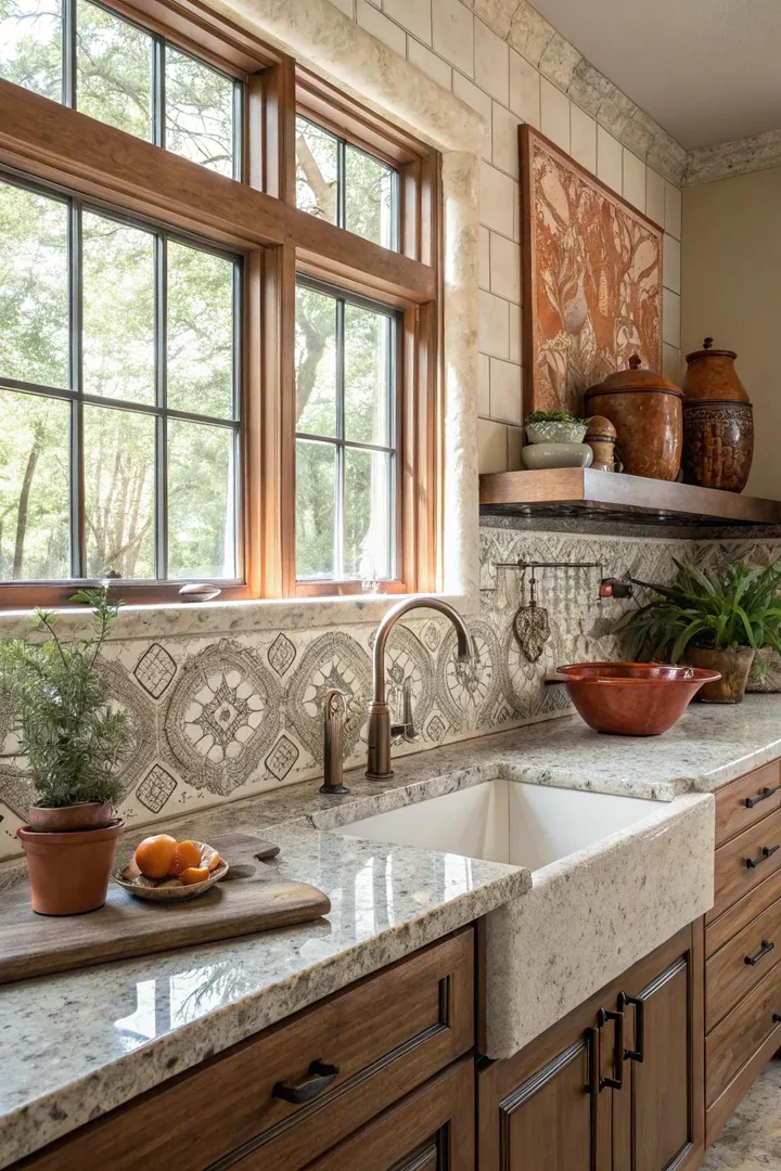 Earthy kitchen with Bianco Antico granite and terracotta.