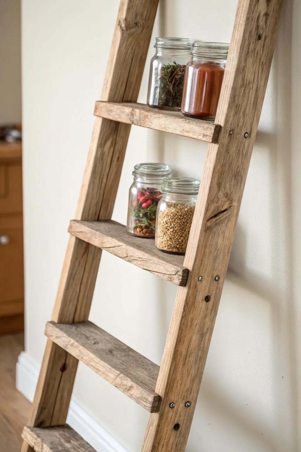 Elevate your kitchen with this stunning reclaimed wood ladder spice rack—where minimalism meets natural beauty.