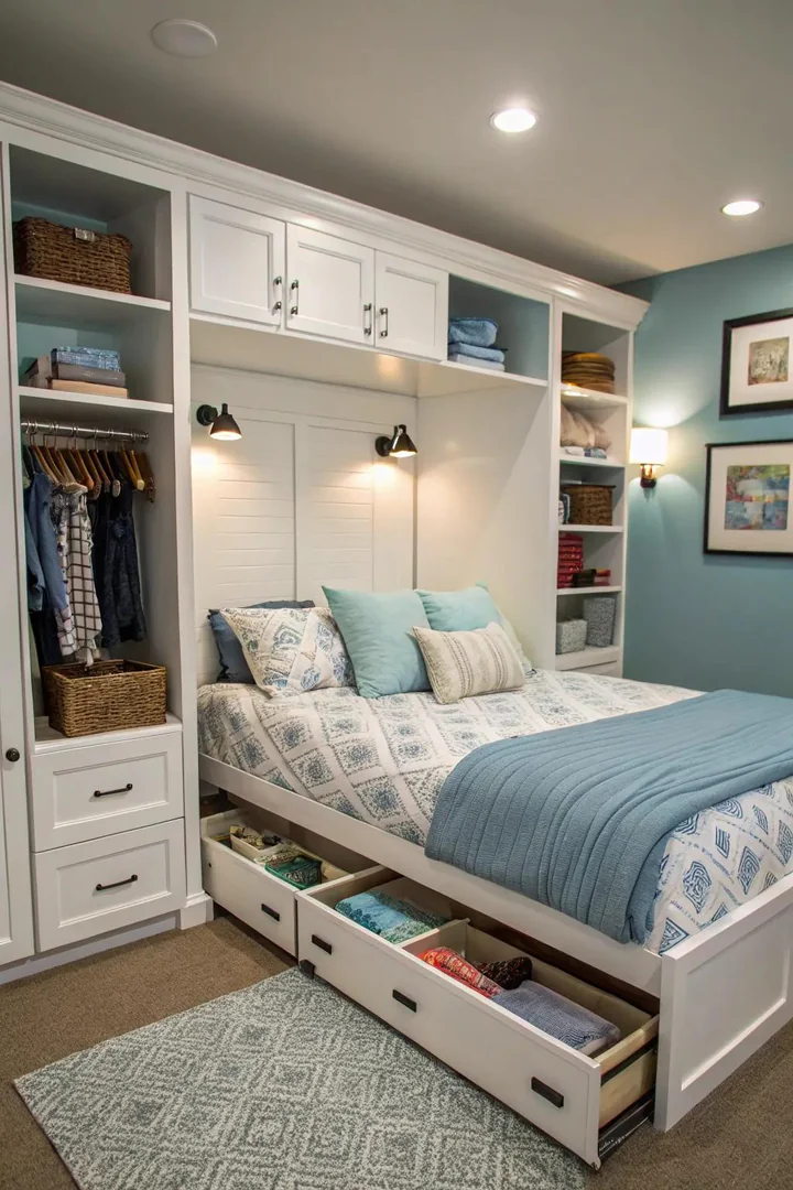 A bedroom featuring a Murphy bed with hidden storage compartments.