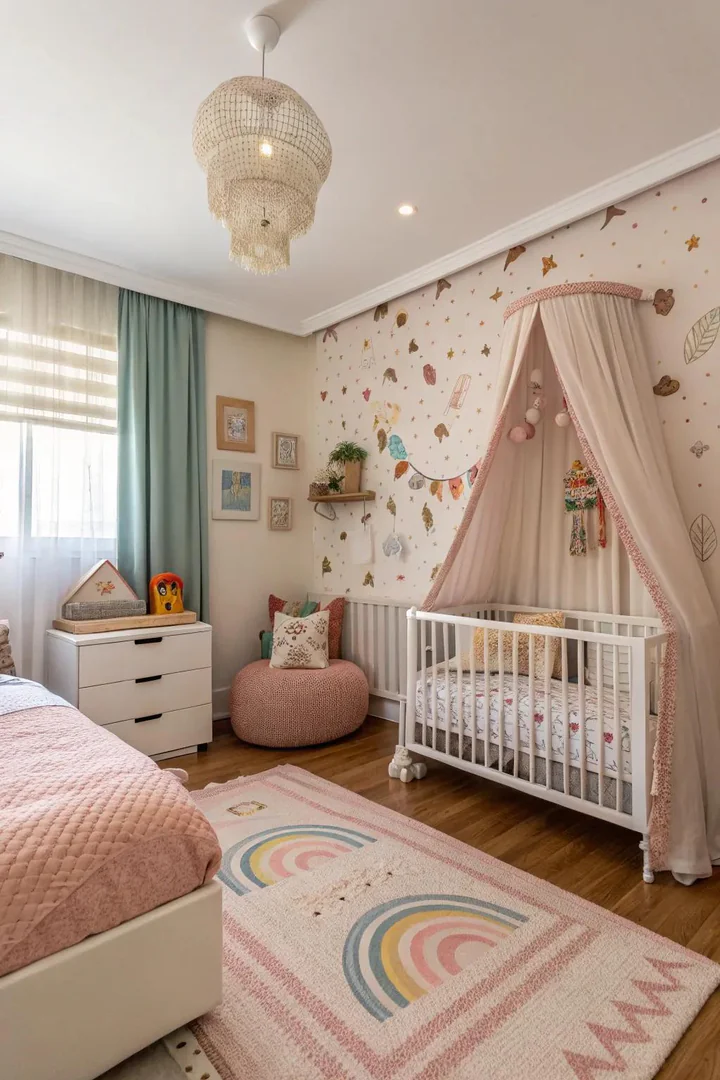 A cohesive design blends the nursery seamlessly into the bedroom.