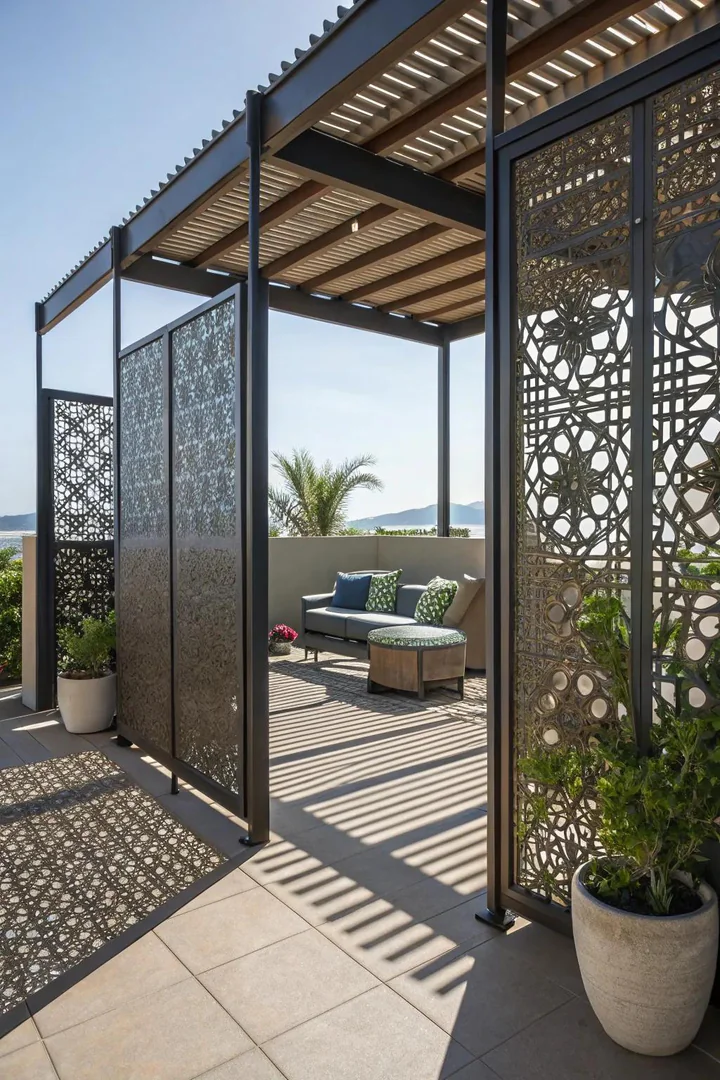 Patterned metal screens add elegance and privacy.