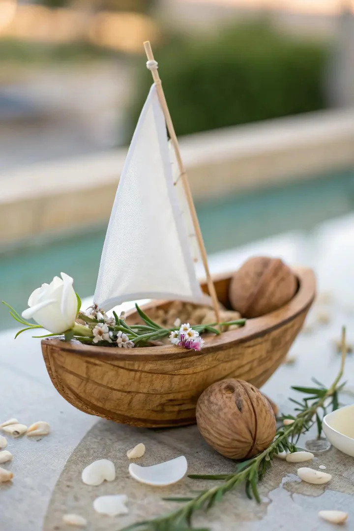 Set sail on a whimsical journey with this charming walnut shell boat, a perfect blend of nature and imagination.