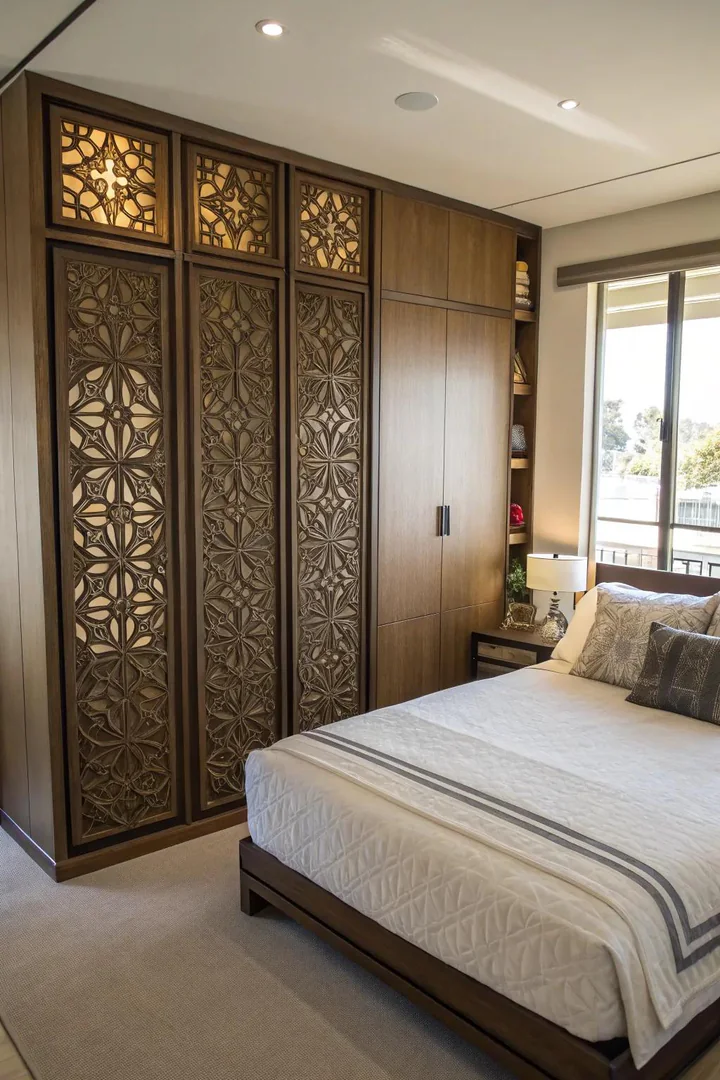 A room divider featuring a Murphy bed with folding decorative panels.