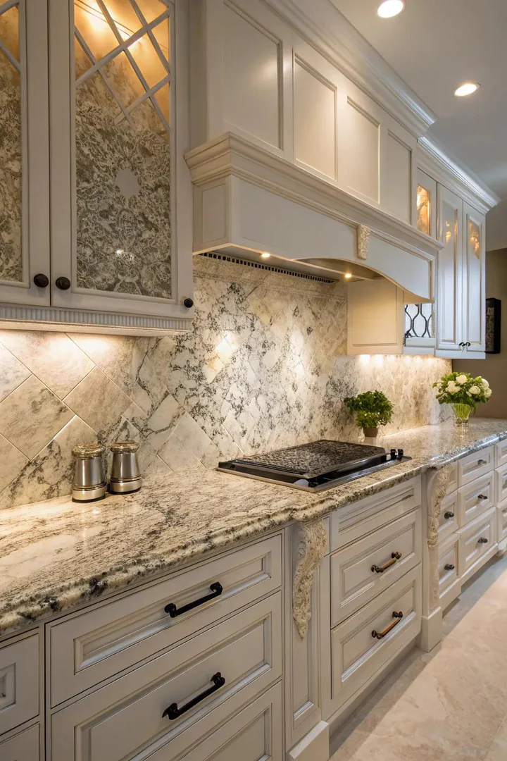 Innovative lighting highlighting Bianco Antico granite beauty.