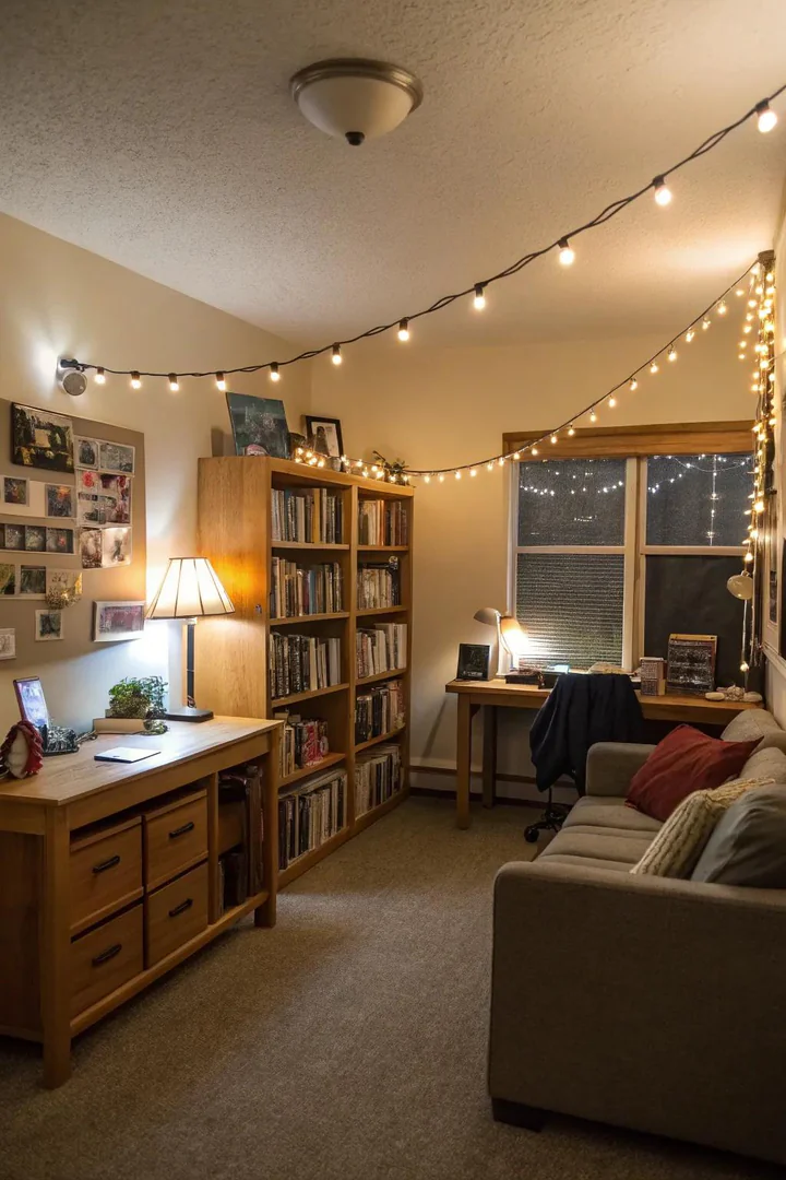 Layered lighting creates a dynamic and cozy ambiance.
