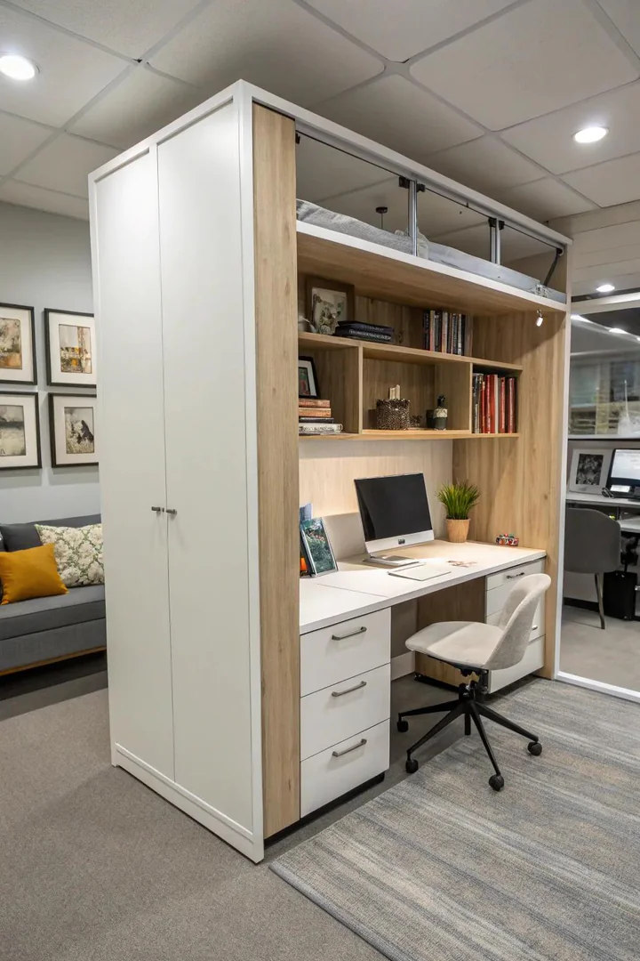 An office space featuring a Murphy bed with a hidden workspace.