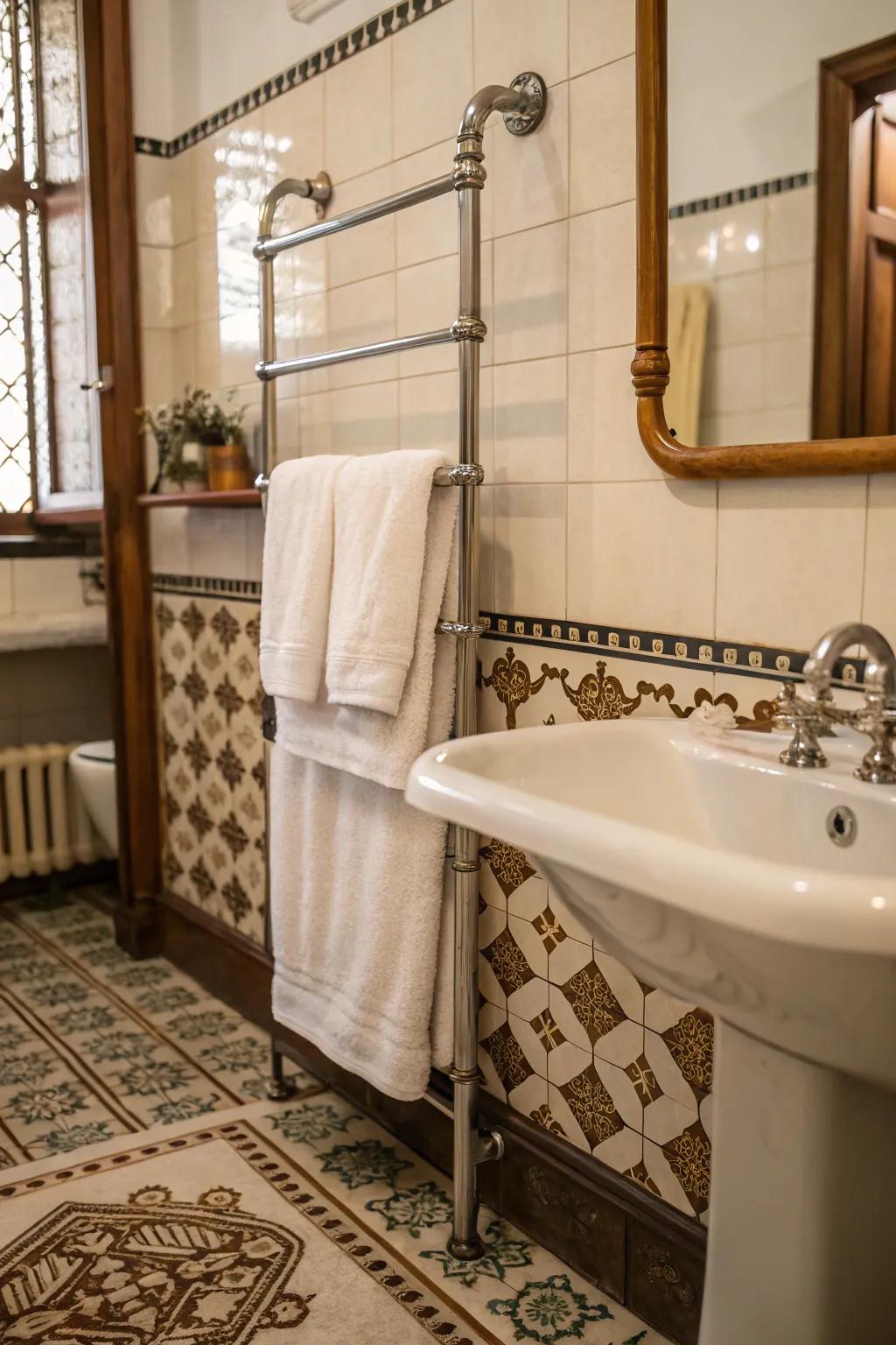 A charming towel rack crafted from a repurposed mirror frame.