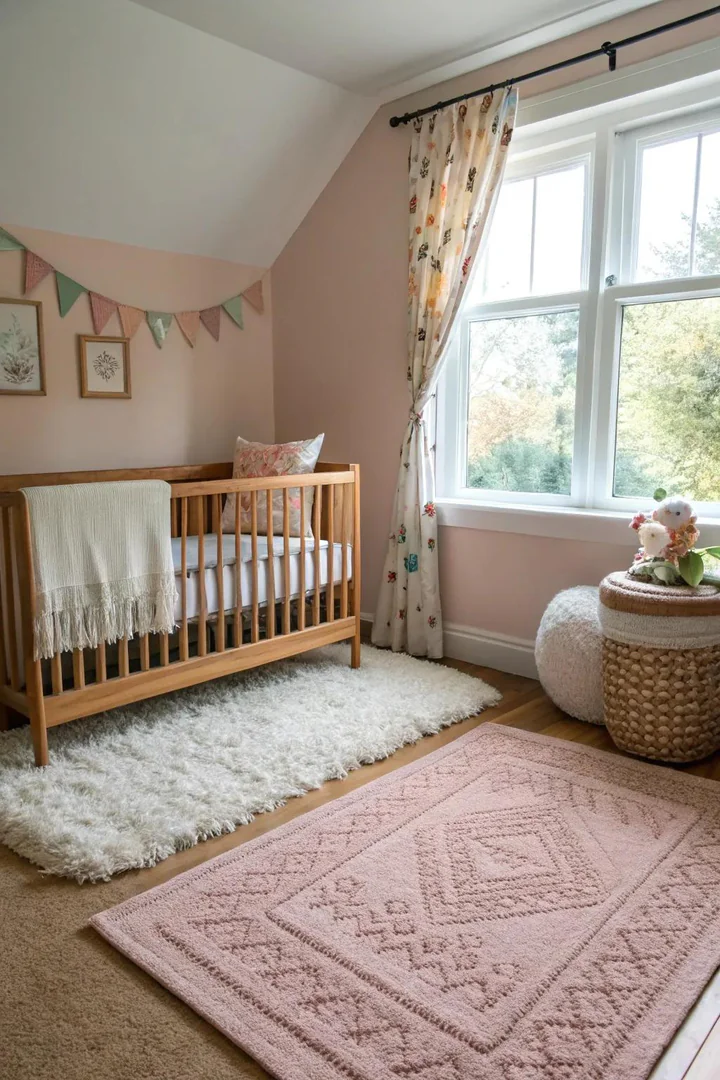 A soft rug delineates the nursery nook and adds coziness.