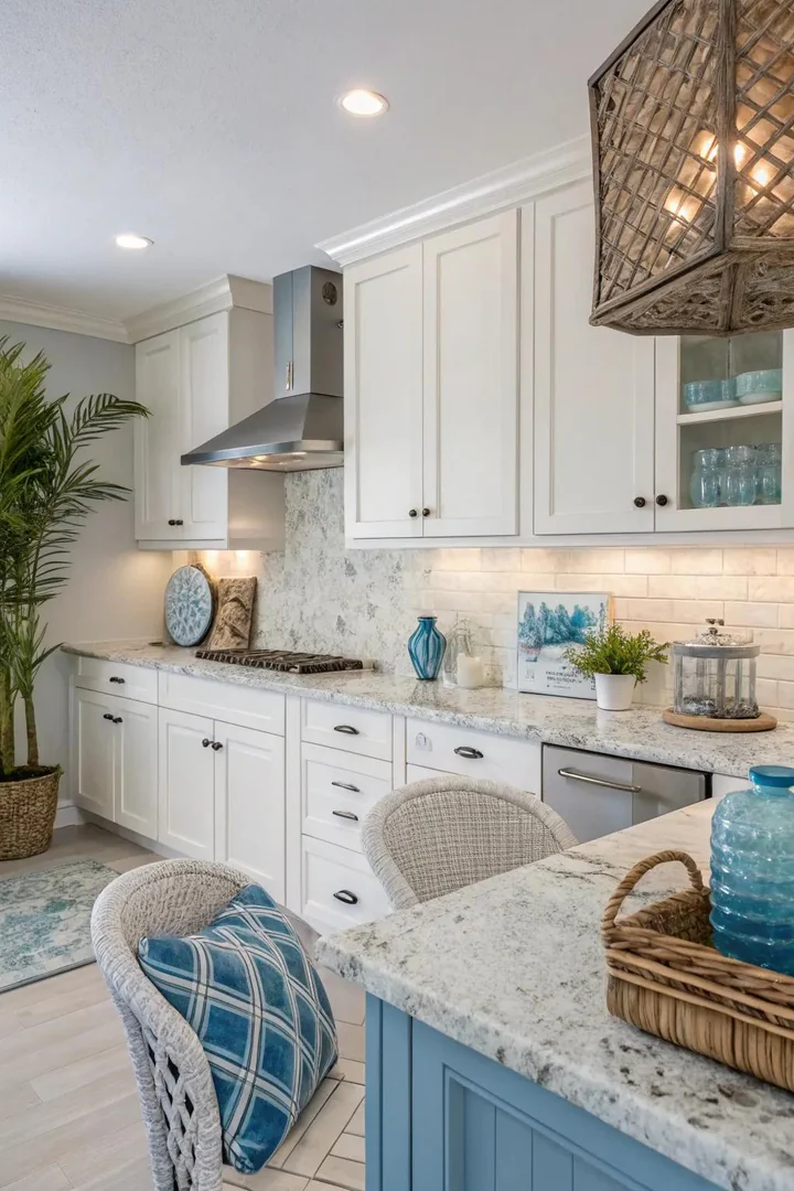 Serene kitchen with Bianco Antico granite and blue accents.