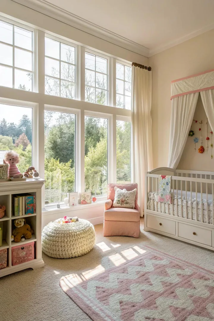 Natural light creates an airy and inviting shared bedroom and nursery.