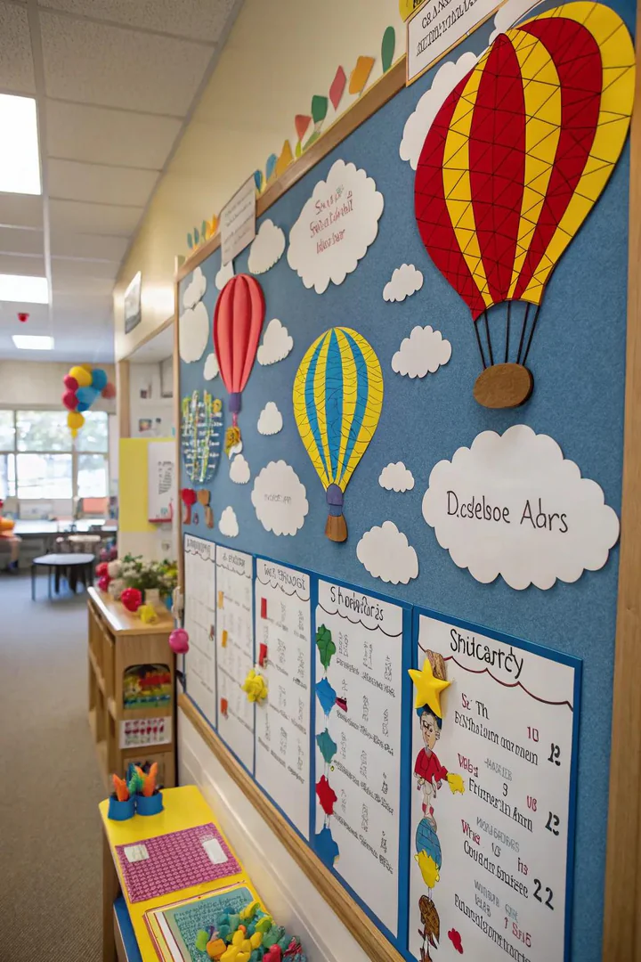 A whimsical bulletin board with colorful hot air balloons representing infant milestones.